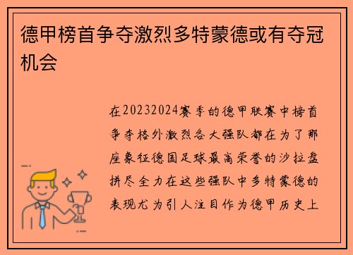 德甲榜首争夺激烈多特蒙德或有夺冠机会