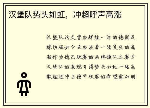 汉堡队势头如虹，冲超呼声高涨