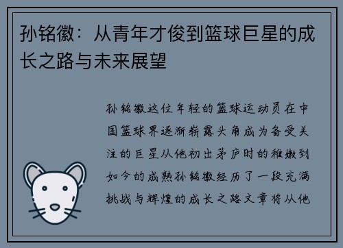 孙铭徽：从青年才俊到篮球巨星的成长之路与未来展望